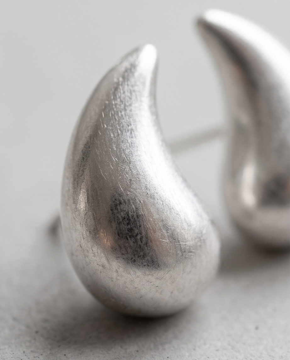 Silver Chunky Teardrop Stud Earrings - close up texture detail