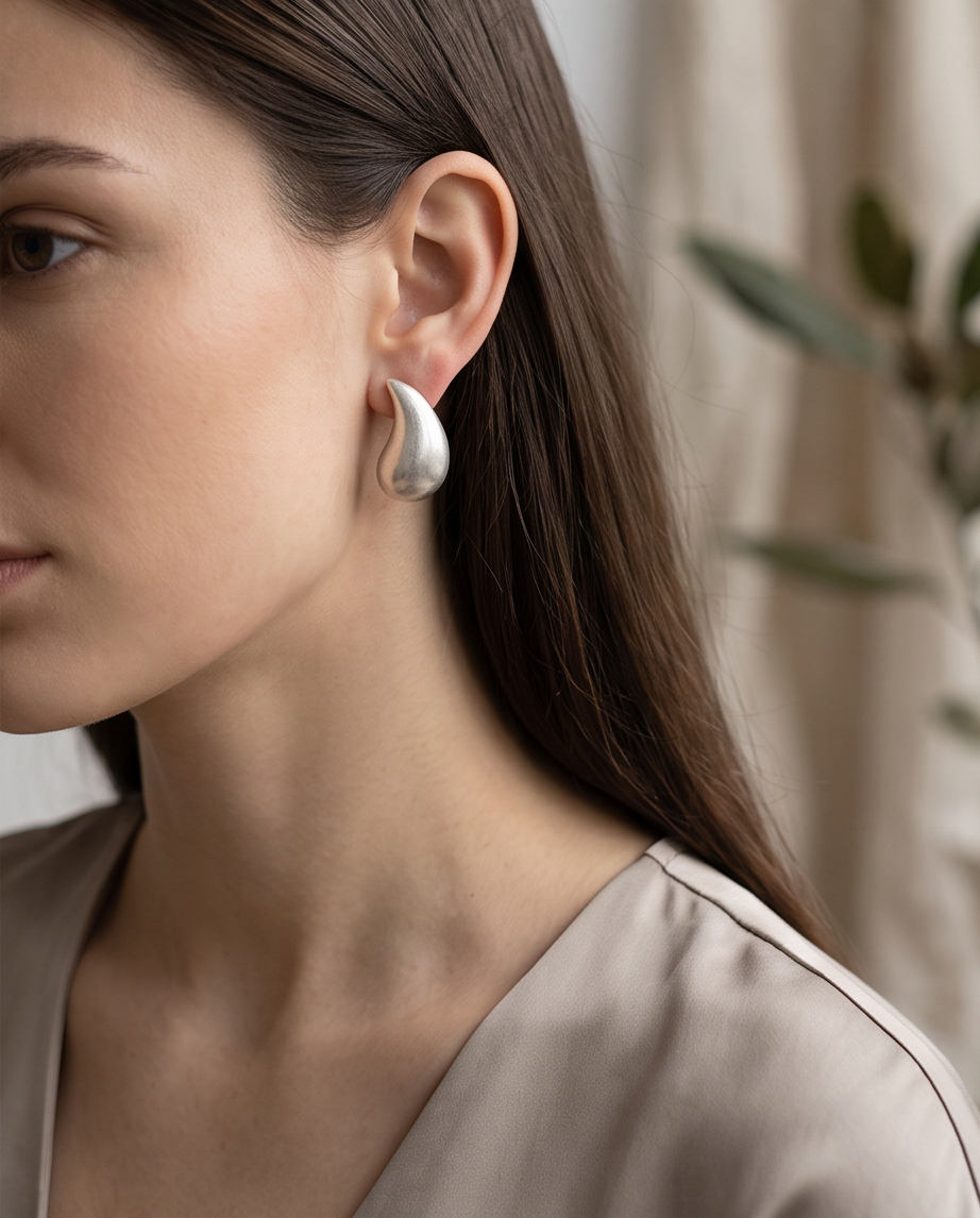 Silver Chunky Teardrop Stud Earrings - model wearing on ear