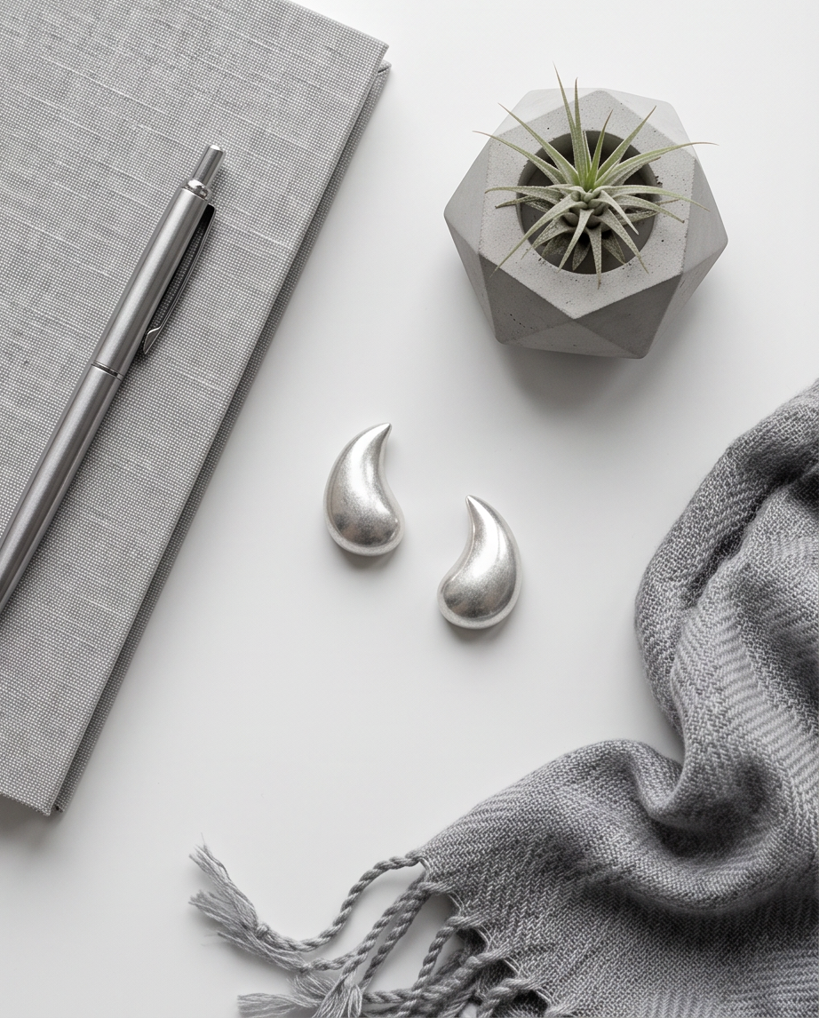Silver Chunky Teardrop Stud Earrings - styled flat lay with notebook and plant