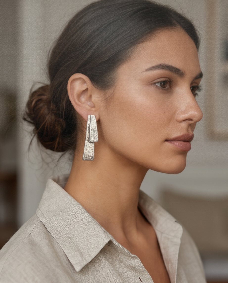 Silver Hammered Double Trapezoid Drop Earrings - model wearing on ear