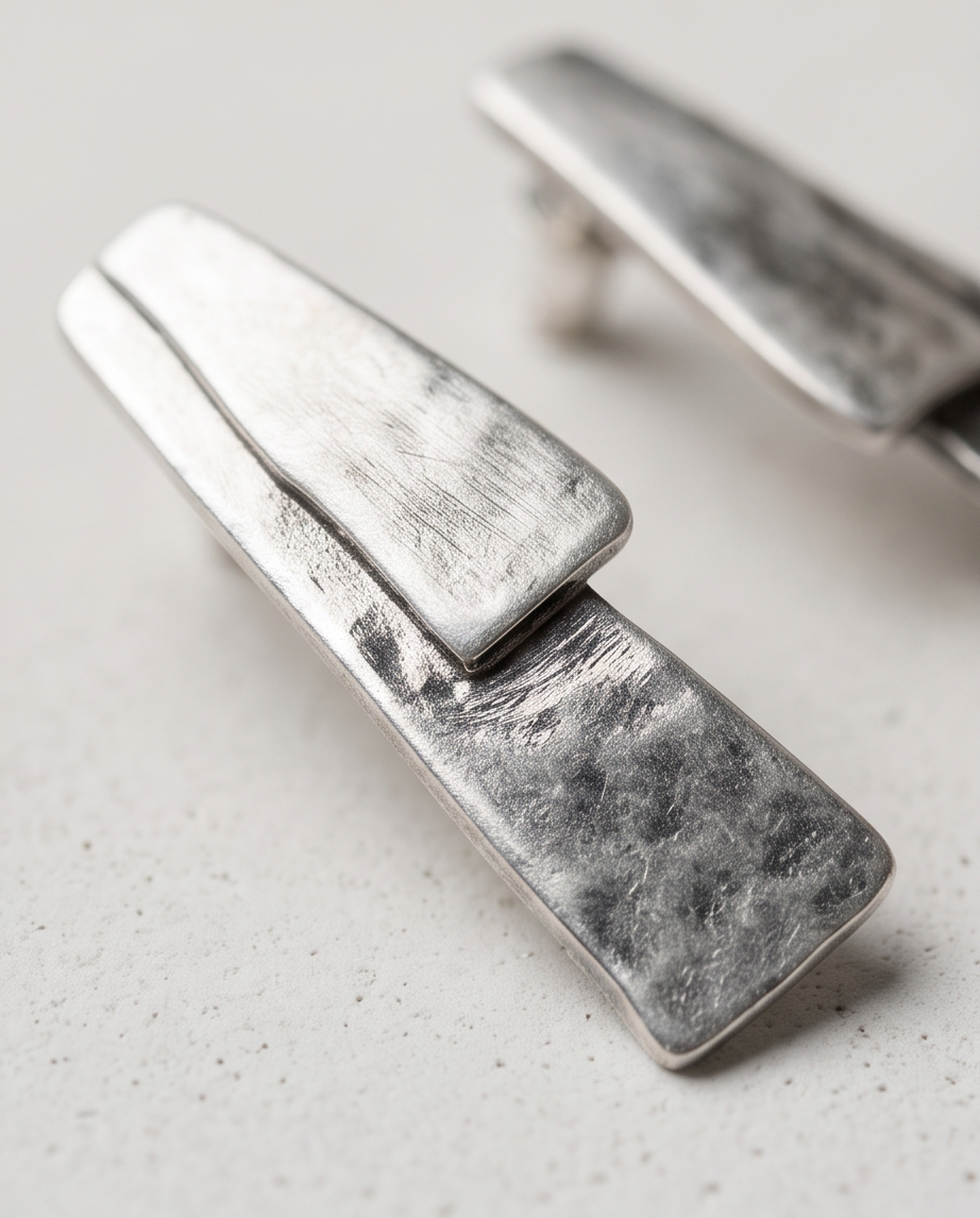 Silver Hammered Double Trapezoid Drop Earrings - close up texture detail