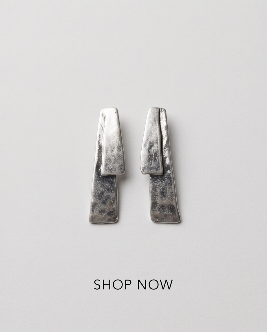Silver Hammered Double Trapezoid Drop Earrings - white background flat lay