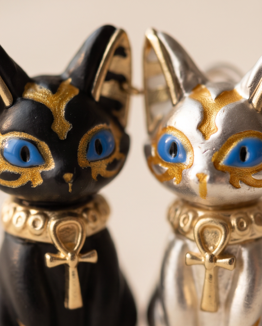 Egyptian Bastet Cat Stud Earrings — close up face detail