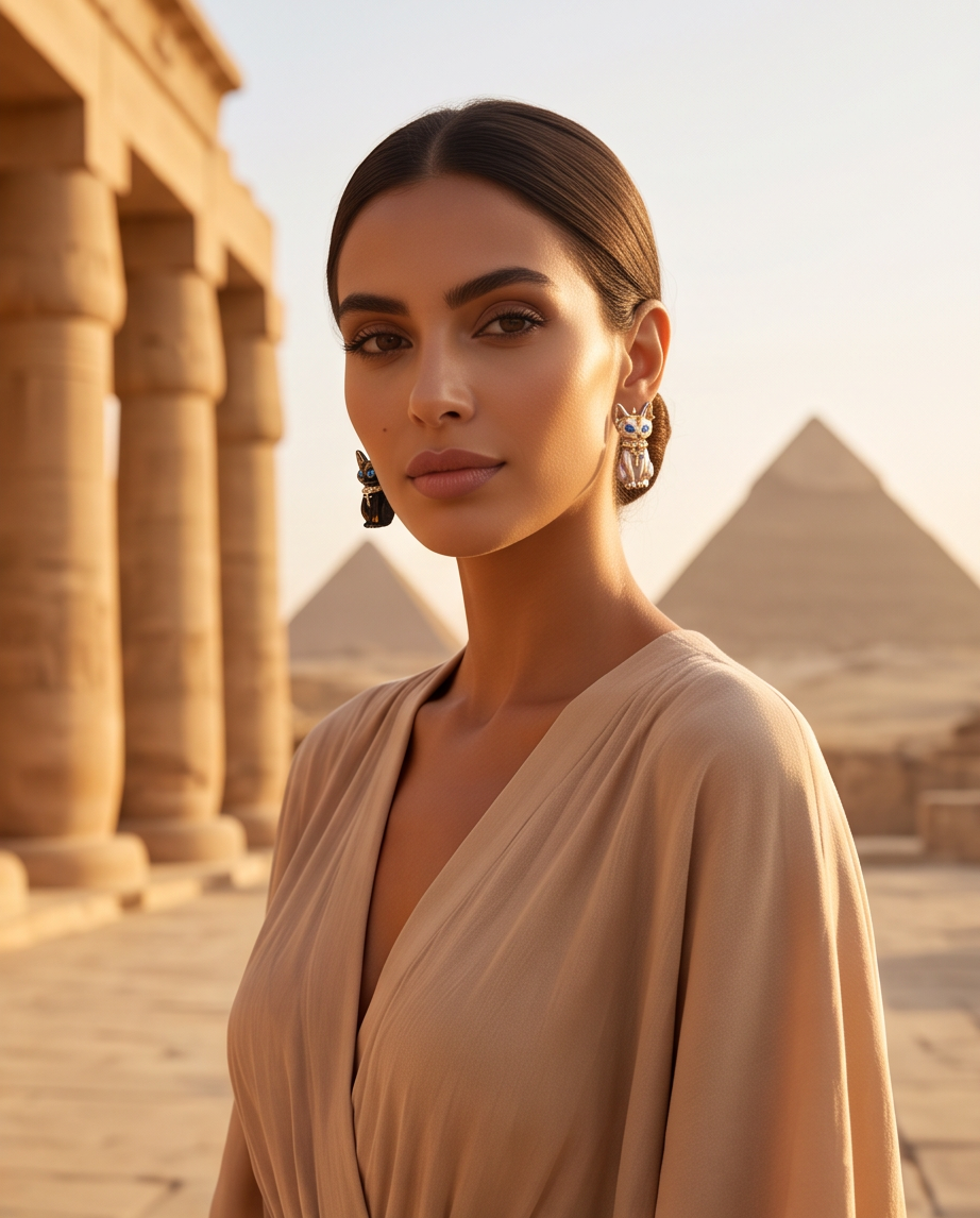 Egyptian Bastet Cat Stud Earrings — model wearing at the pyramids
