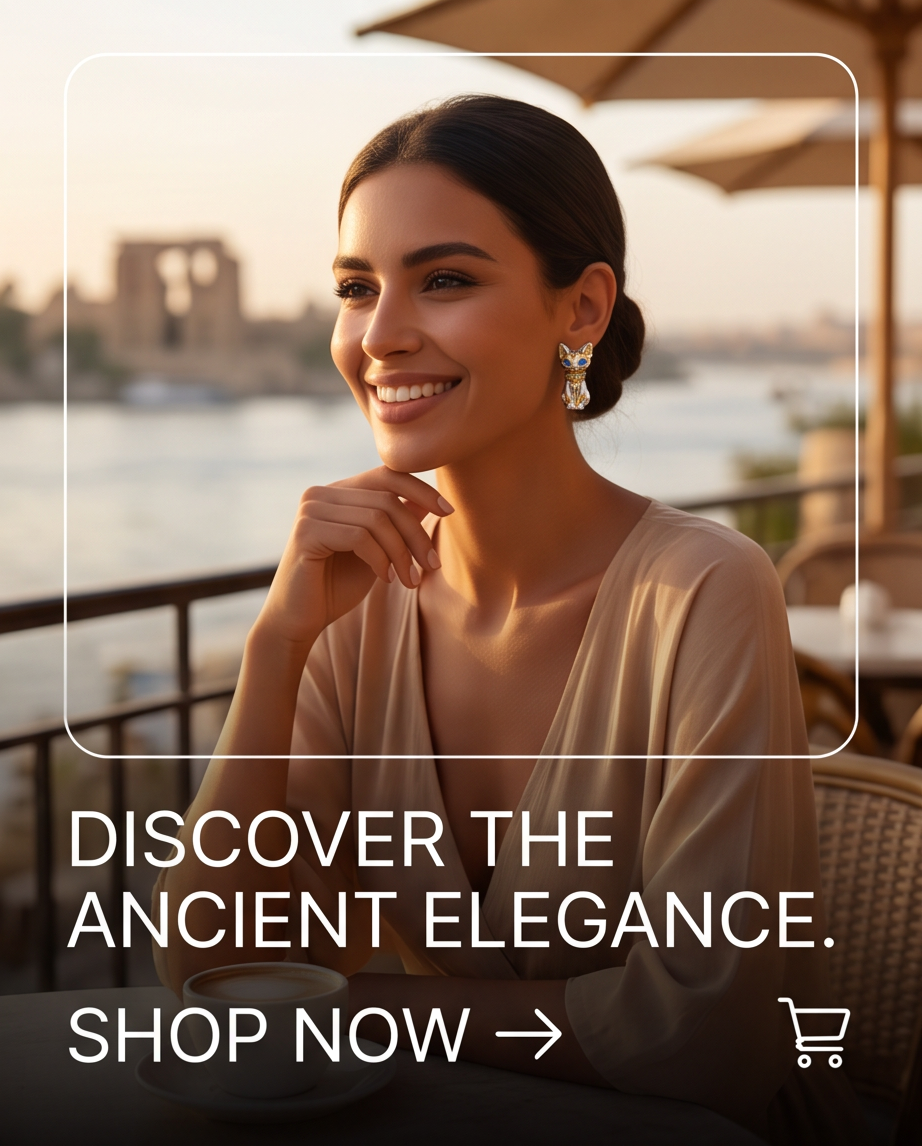 Egyptian Bastet Cat Stud Earrings — model wearing by the Nile