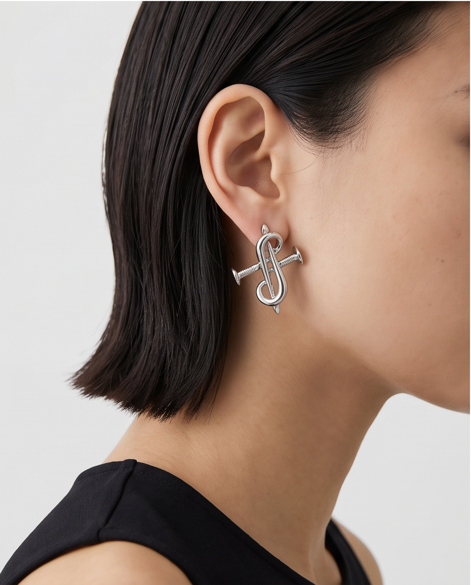 Silver S-Curl Nail Stud Earrings - model wearing close up on ear