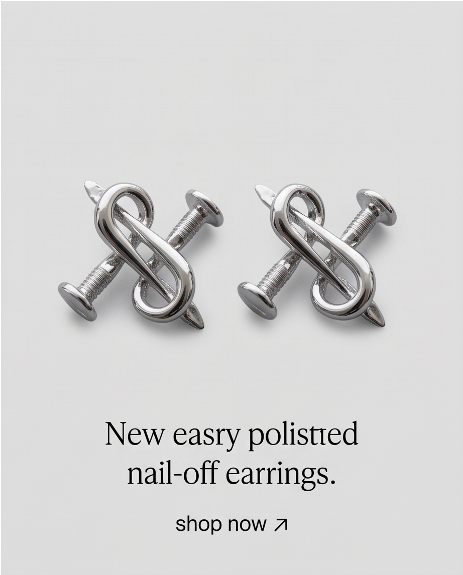 Silver S-Curl Nail Stud Earrings - campaign flat lay with text