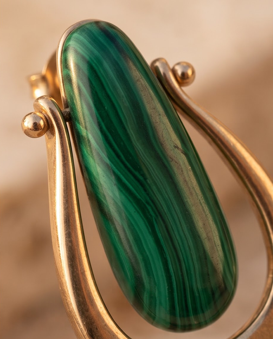 Gold tone open teardrop and malachite stone drop earrings on stone surface