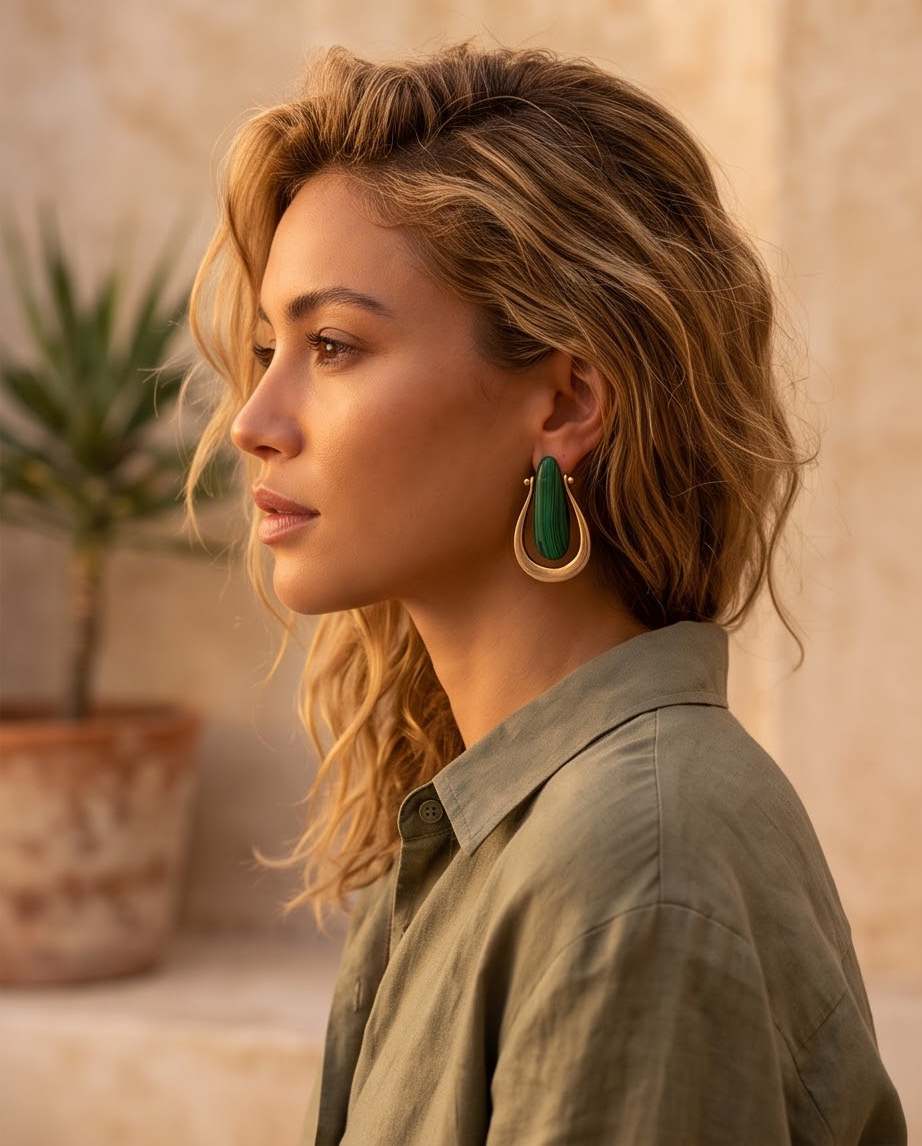 Close up of malachite green stone in gold tone teardrop setting