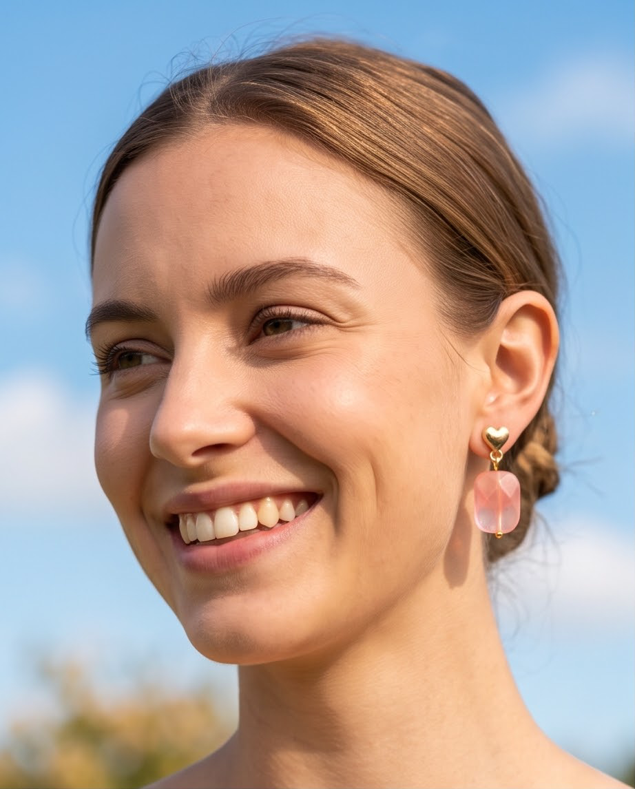 Gold puffed heart stud and pink faceted stone drop earrings on white surface