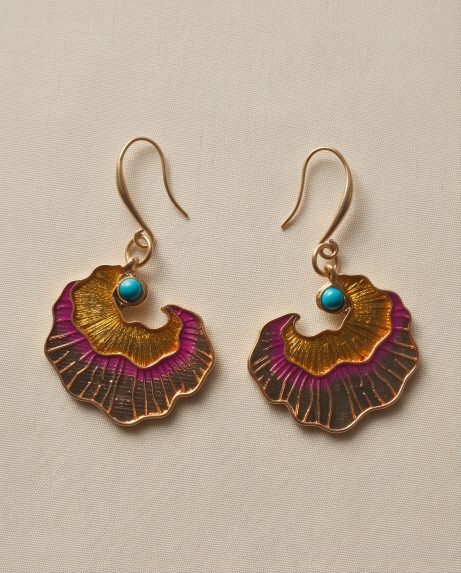 Gold Enamel Ginkgo Fan Drop Earrings — pair flat lay on linen background