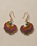 Gold Enamel Ginkgo Fan Drop Earrings — pair flat lay on linen background