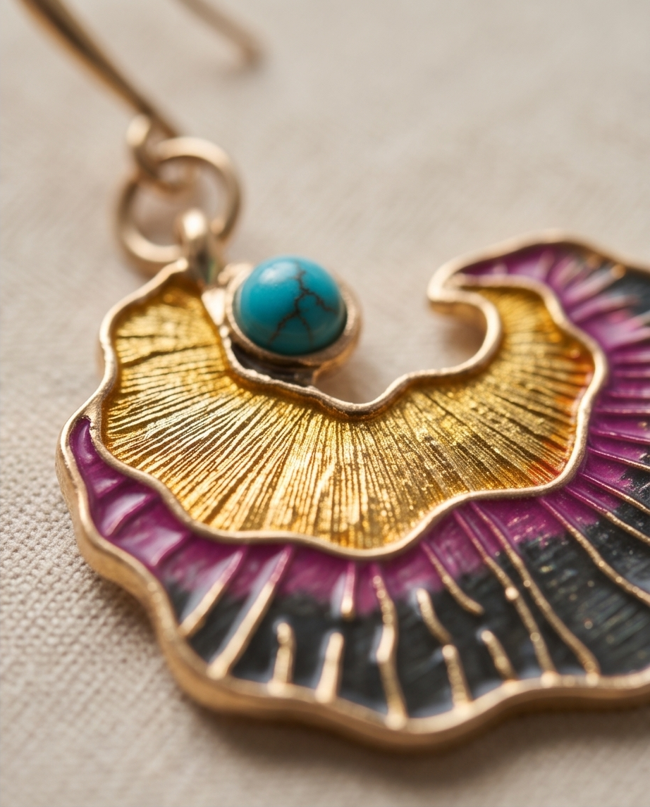 Gold Enamel Ginkgo Fan Drop Earrings — macro close up of turquoise stone and enamel detail