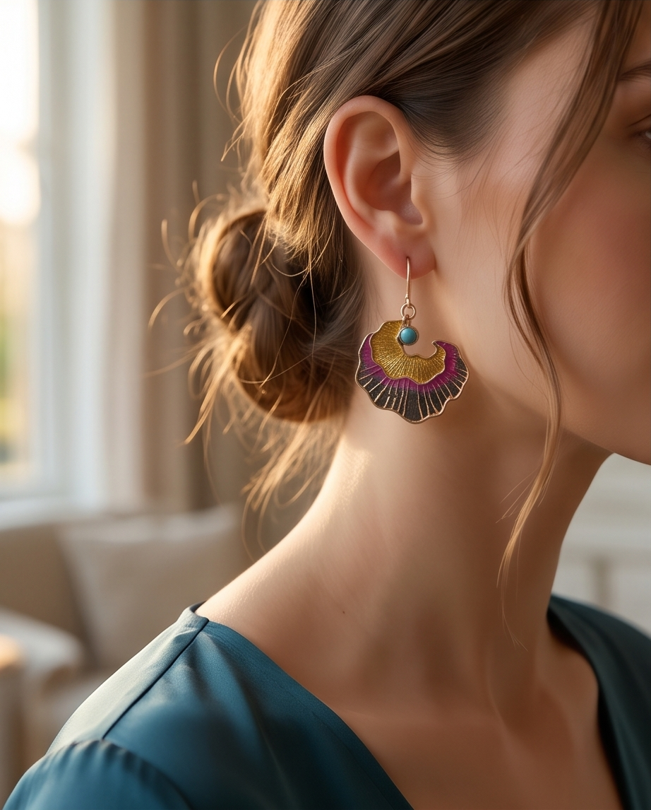 Gold Enamel Ginkgo Fan Drop Earrings — model wearing by window in teal top