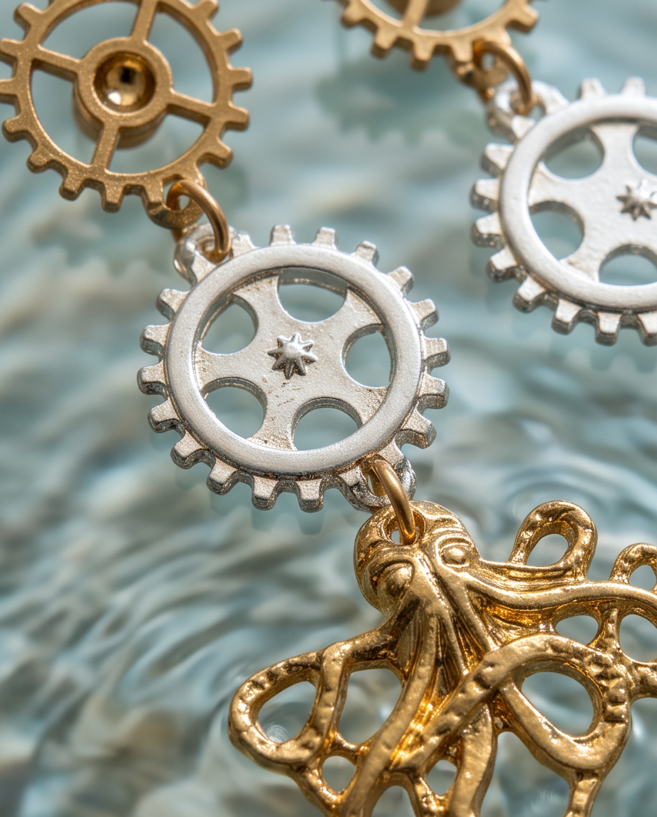 Steampunk Octopus Gear Drop Earrings — sea glass lifestyle shot