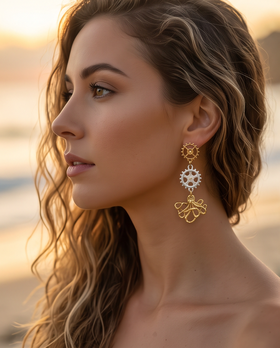 Steampunk Octopus Gear Drop Earrings — close-up detail on water
