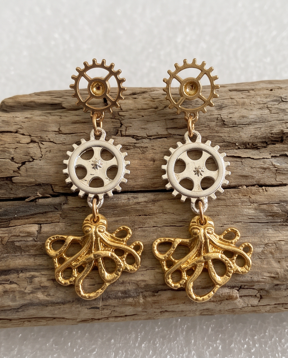 Steampunk Octopus Gear Drop Earrings — driftwood flat lay