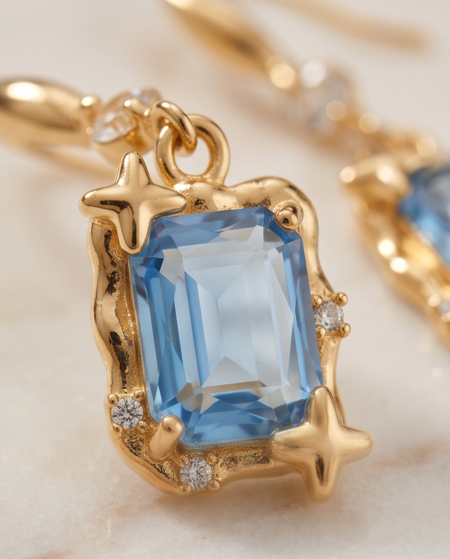 Gold Star Frame Blue Crystal Drop Earrings — close-up detail of star frame and blue crystal