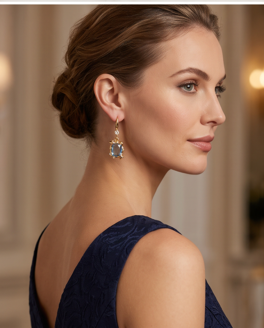 Gold Star Frame Blue Crystal Drop Earrings — model wearing at formal event in navy gown
