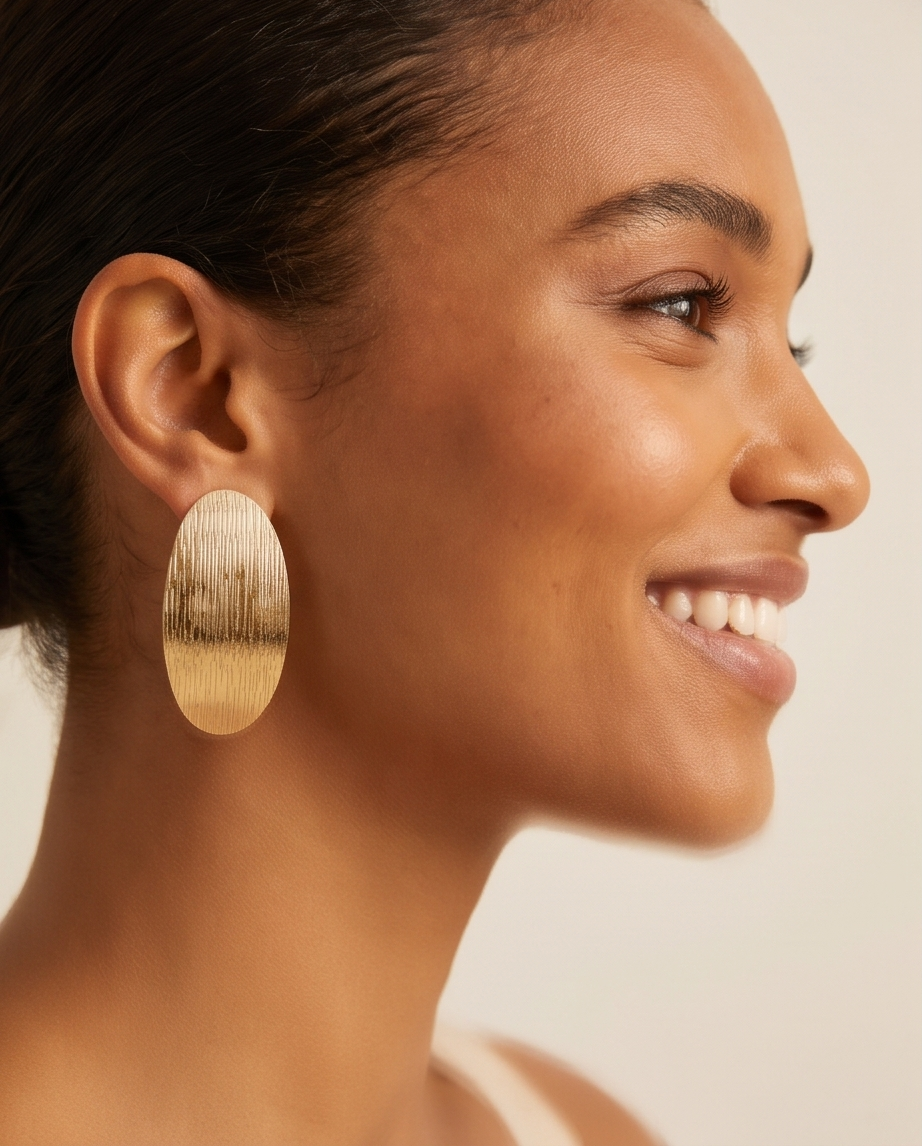 Gold Textured Oval Disc Stud Earrings — model wearing with silk shirt and tailored trousers