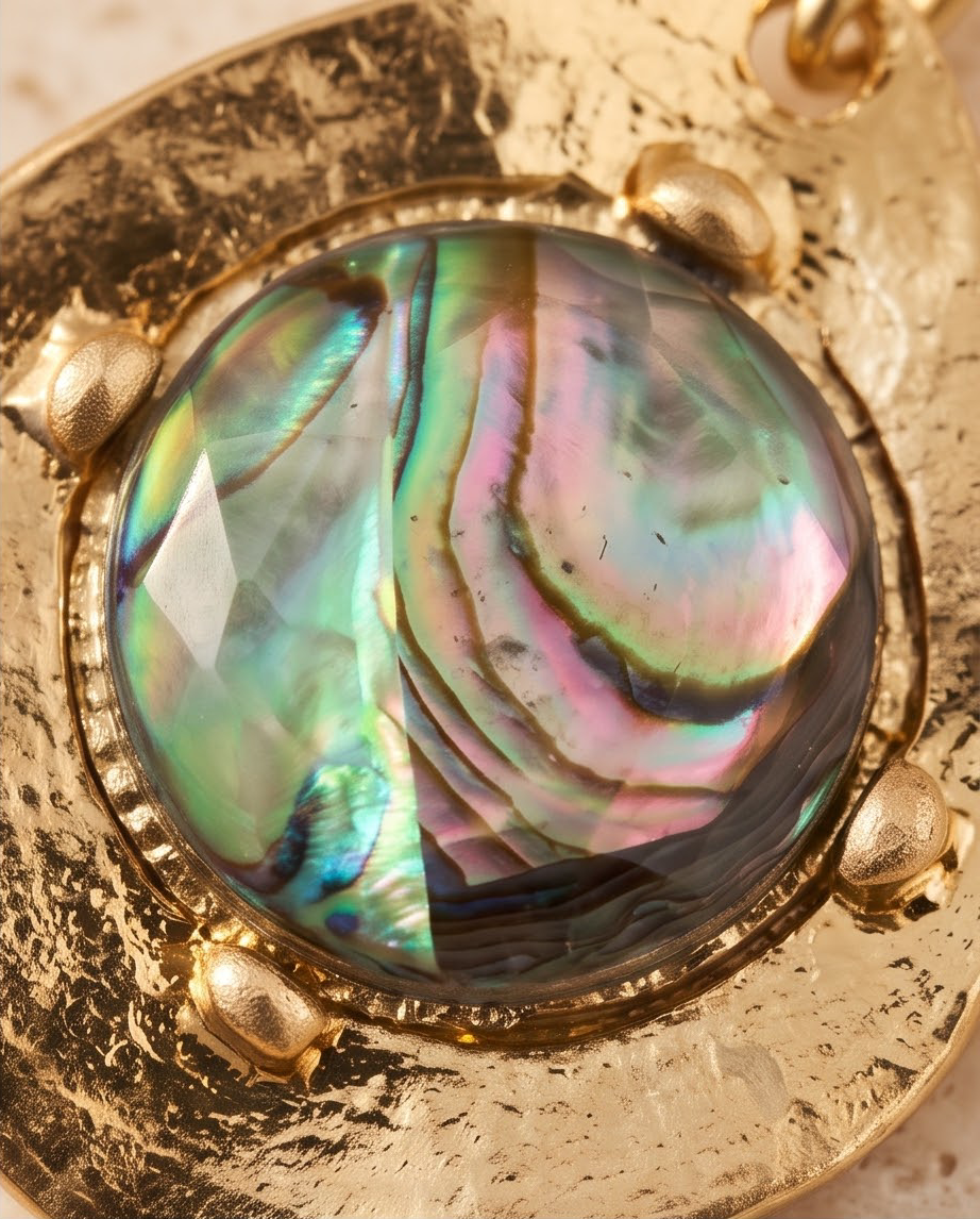 Model wearing gold hammered abalone drop earrings with draped fabric backdrop