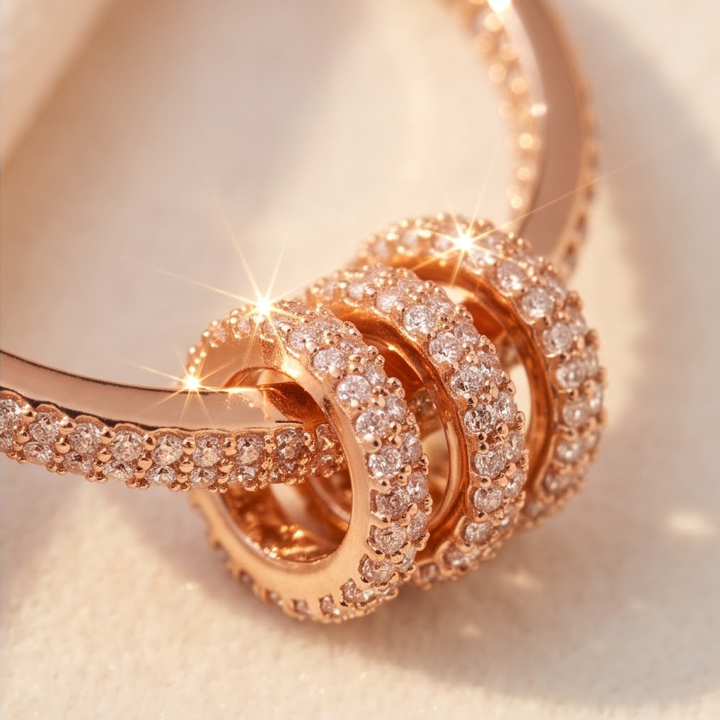 Model wearing rose gold crystal knot hoop earrings at outdoor café