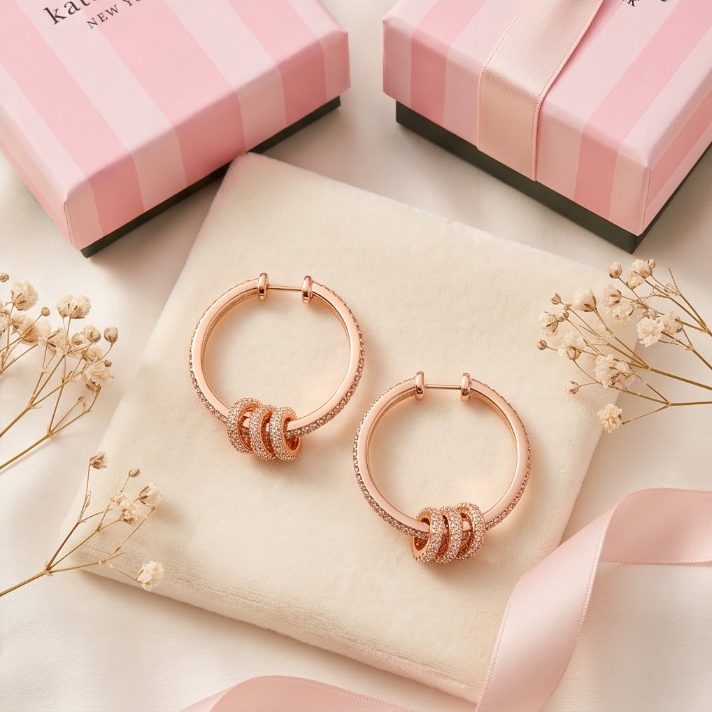 Close-up of rose gold crystal pavé knot detail on hoop earring
