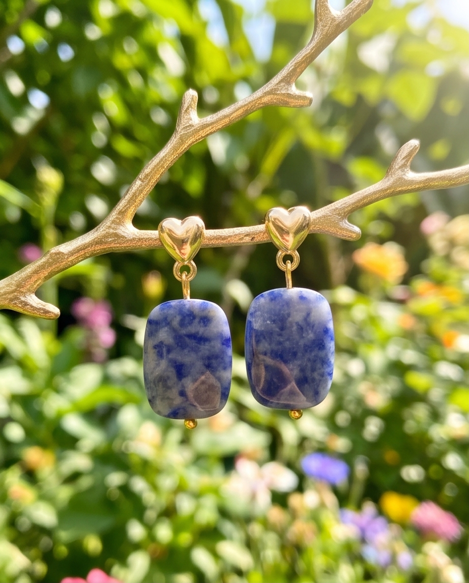Gold heart stud sodalite drop earrings hanging on a gold branch in a garden