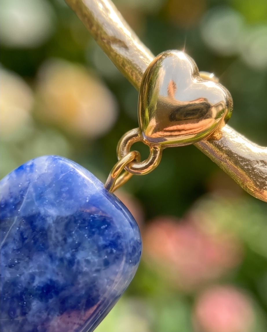 Close-up of polished gold puffed heart stud and sodalite stone detail