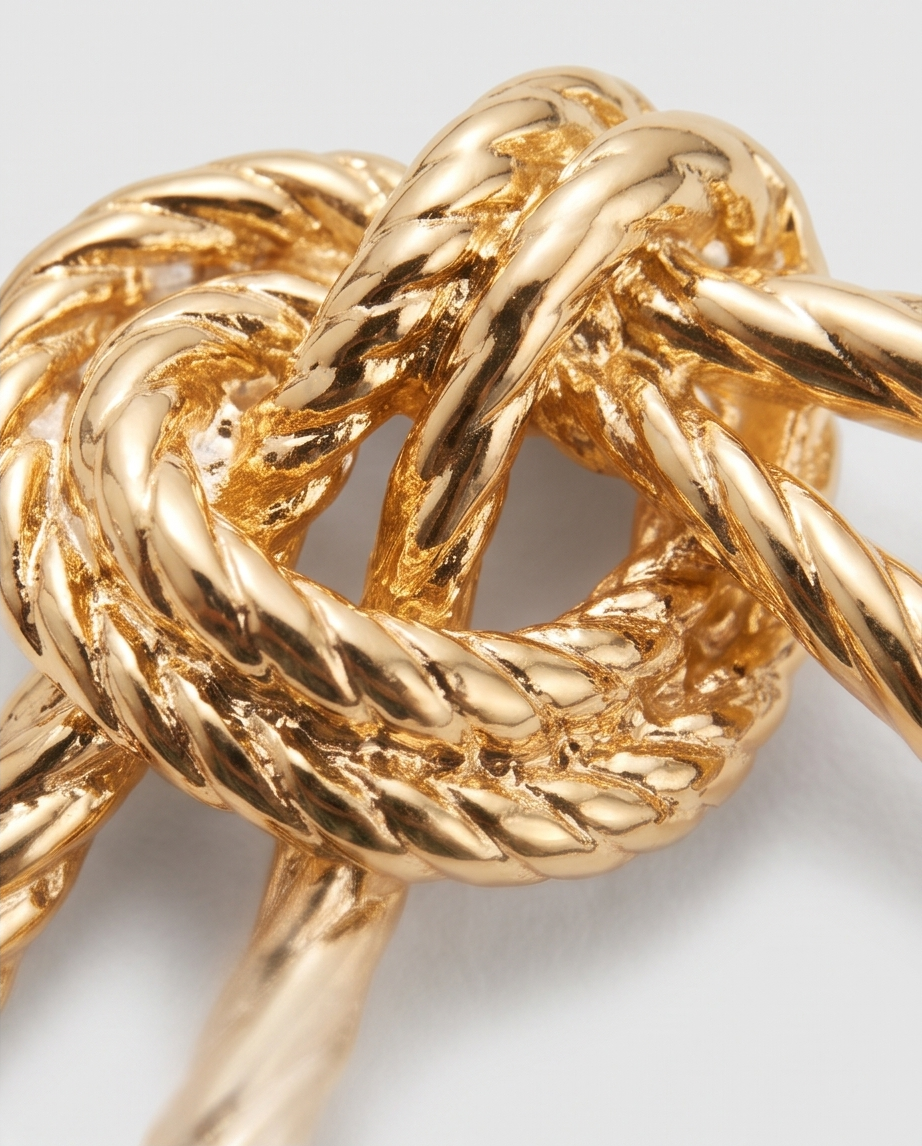 Close-up of gold rope knot stud earring showing intricate twisted rope texture detail
