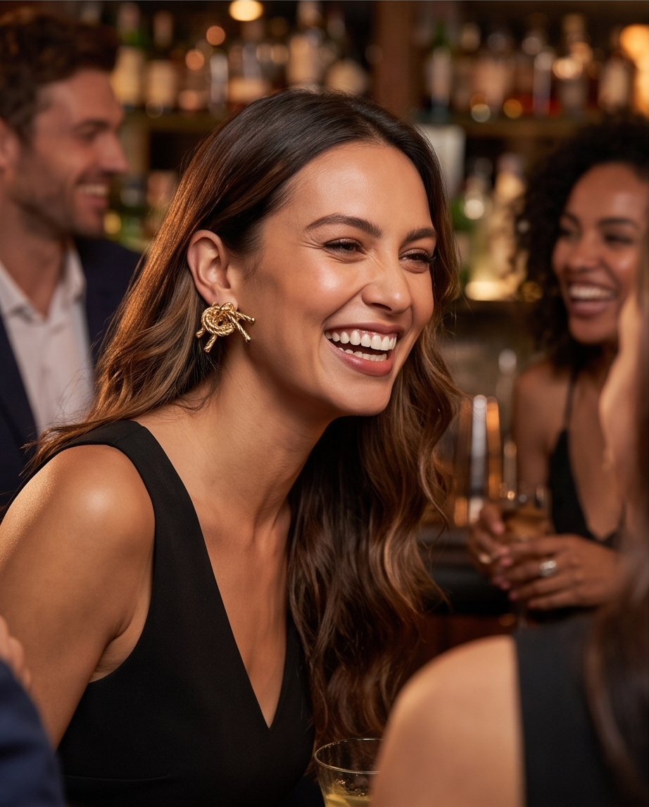 Model wearing gold rope knot stud earrings at a cocktail bar in a black dress