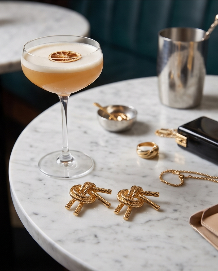 Pair of gold rope knot stud earrings styled on a marble table with cocktail and gold accessories