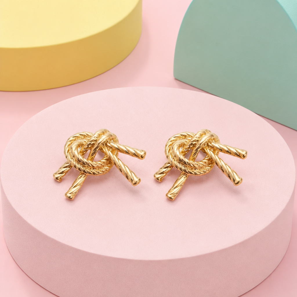 Pair of gold rope knot stud earrings displayed on a pink podium with pastel background