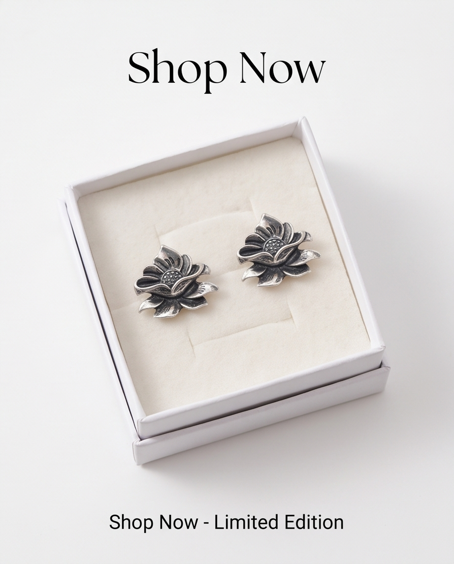 Oxidised silver lotus flower stud earrings in white gift box