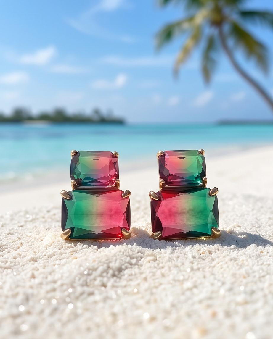 Close-up portrait of model wearing gold-tone watermelon crystal double drop stud earrings on tropical beach