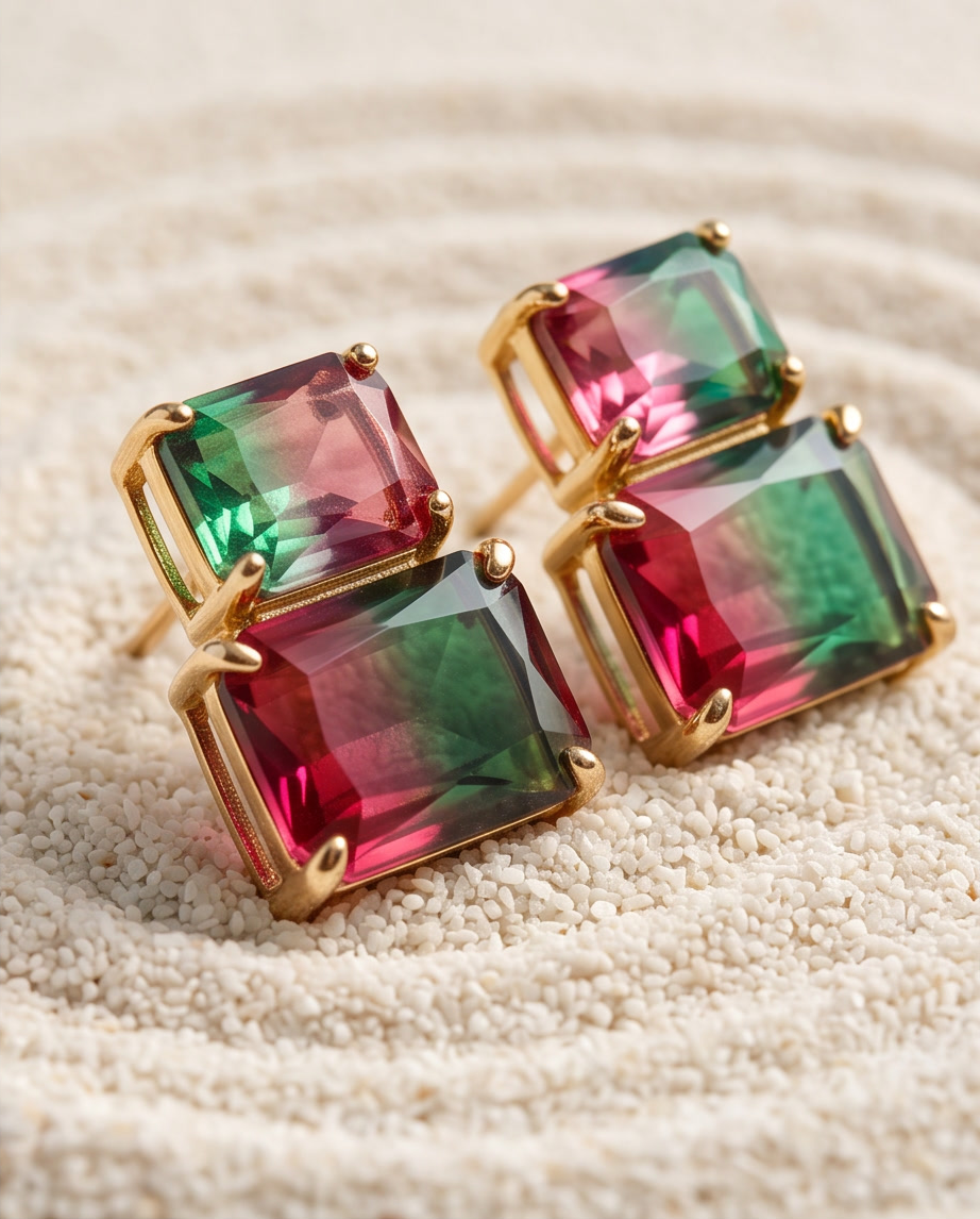 Model wearing gold-tone watermelon crystal double drop stud earrings with tropical print wrap dress on white sandy beach