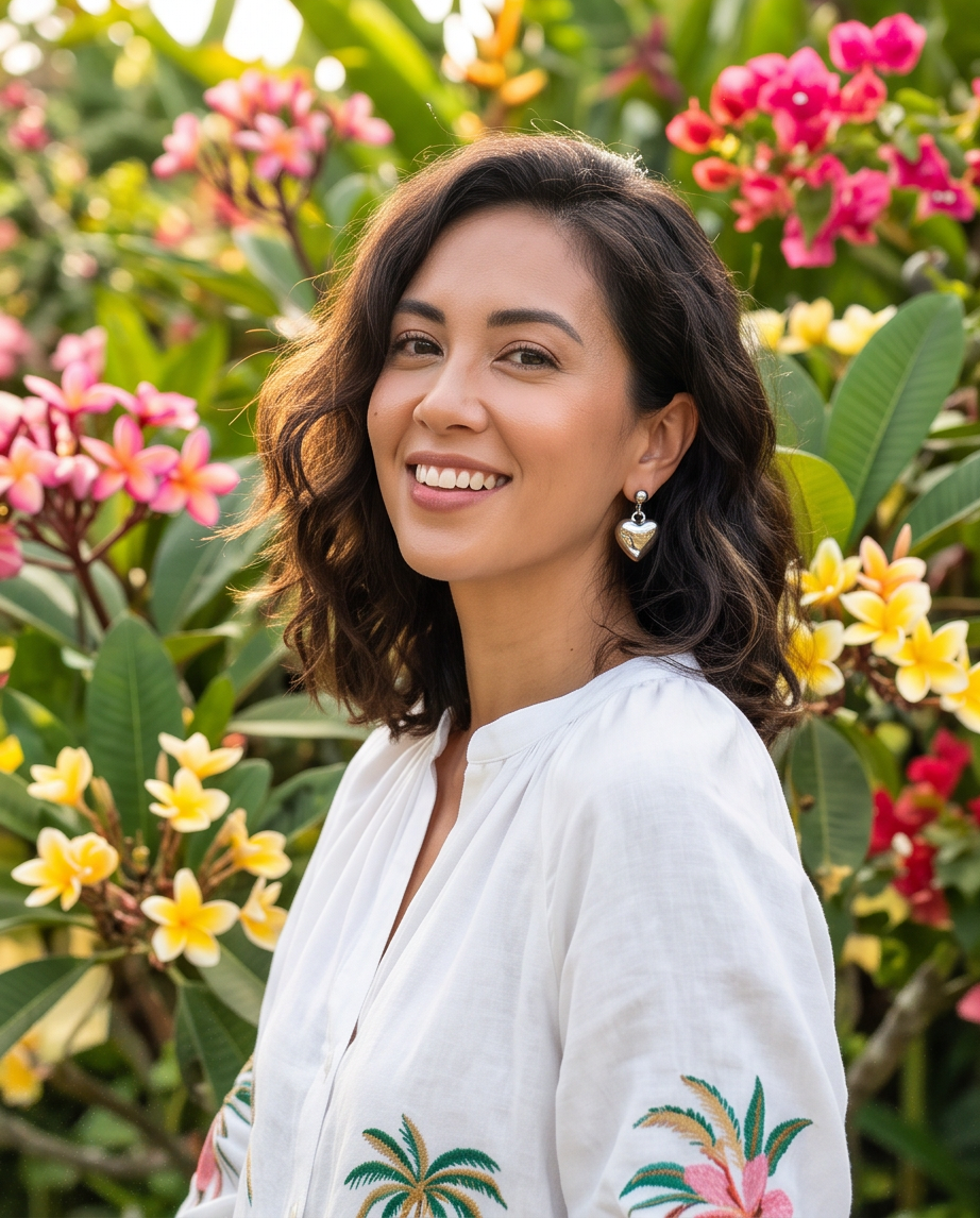 Model wearing silver puffed heart ball stud drop earrings with white embroidered dress in tropical garden