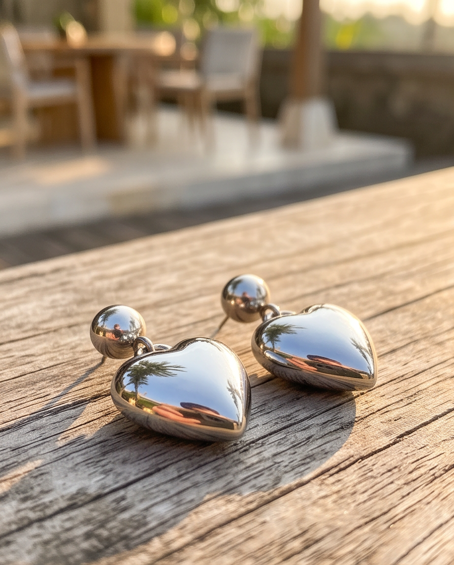 Close-up detail of silver puffed heart drop earring on woven rattan surface with palm tree reflection