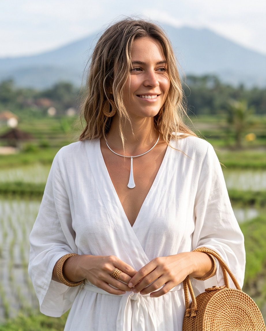 Silver hammered teardrop pendant collar necklace displayed on cream jewellery bust with tropical palm backdrop