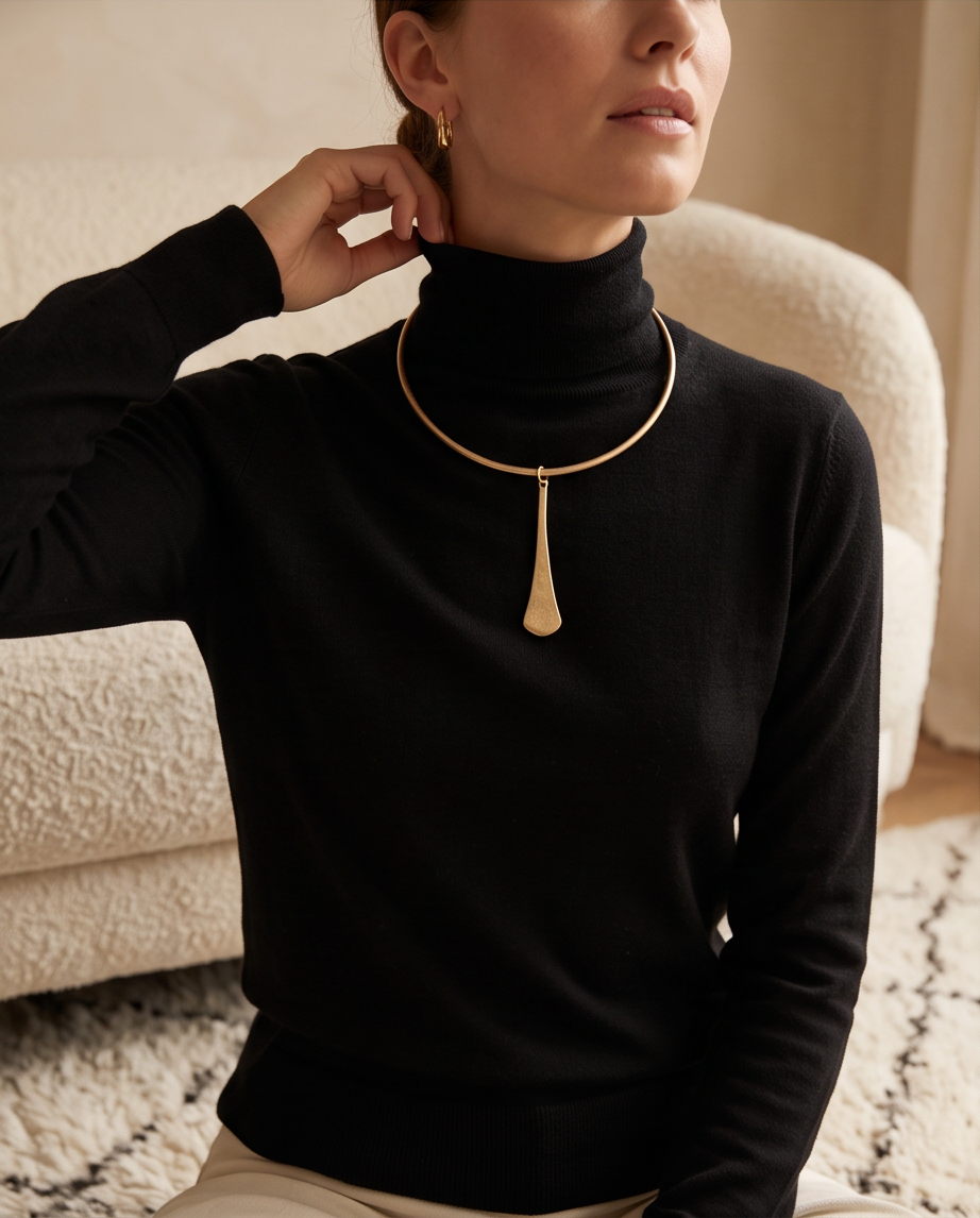 Gold Hammered Elongated Pendant Collar Necklace - model wearing outdoors in tropical setting