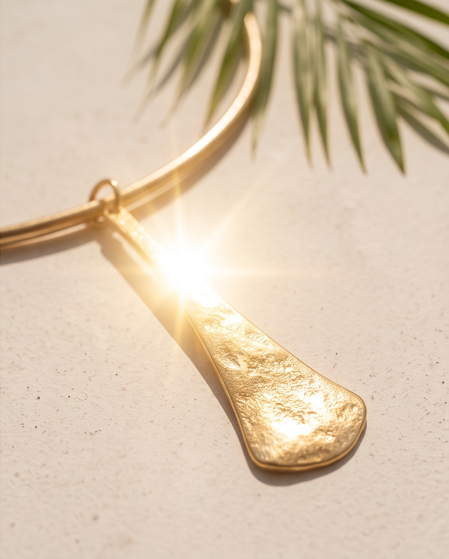 Gold Hammered Elongated Pendant Collar Necklace - flat lay on white linen with palm leaves