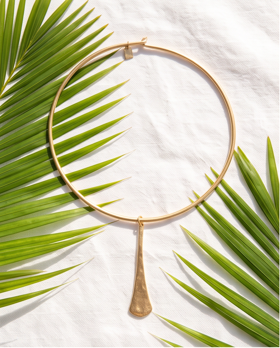 Gold Hammered Elongated Pendant Collar Necklace - model wearing with black turtleneck