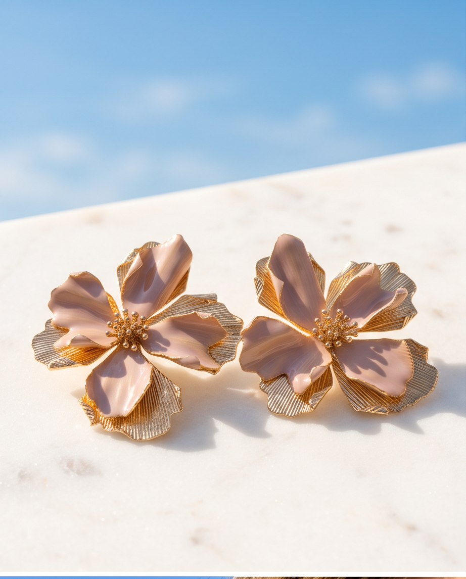 Pair of blush and gold oversized flower stud earrings on marble surface with blue sky
