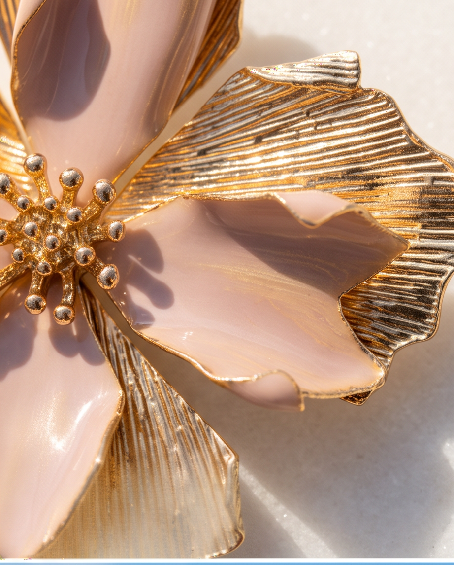 Close-up detail of blush enamel and gold ribbed petals on flower stud earring