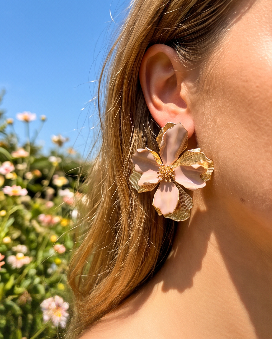 Model wearing blush and gold oversized flower stud earring outdoors with blue sky background