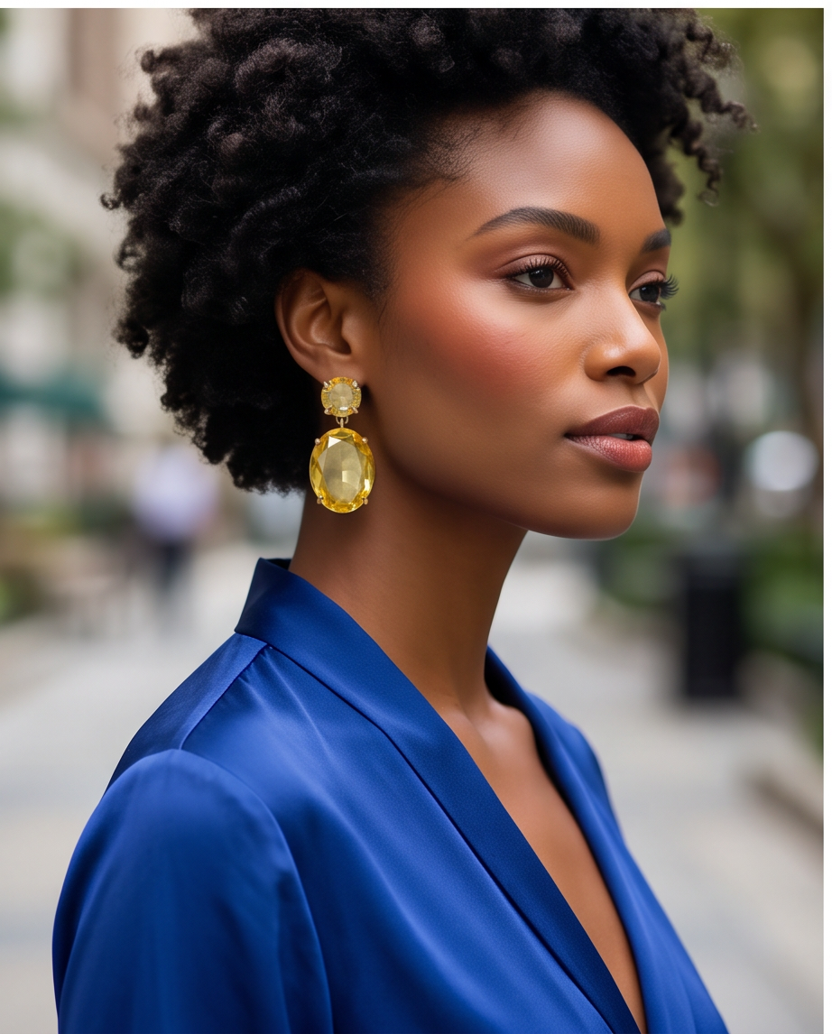 Model wearing gold citrine crystal double drop earrings with blue silk blazer
