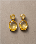 Pair of gold citrine crystal double drop earrings on neutral background
