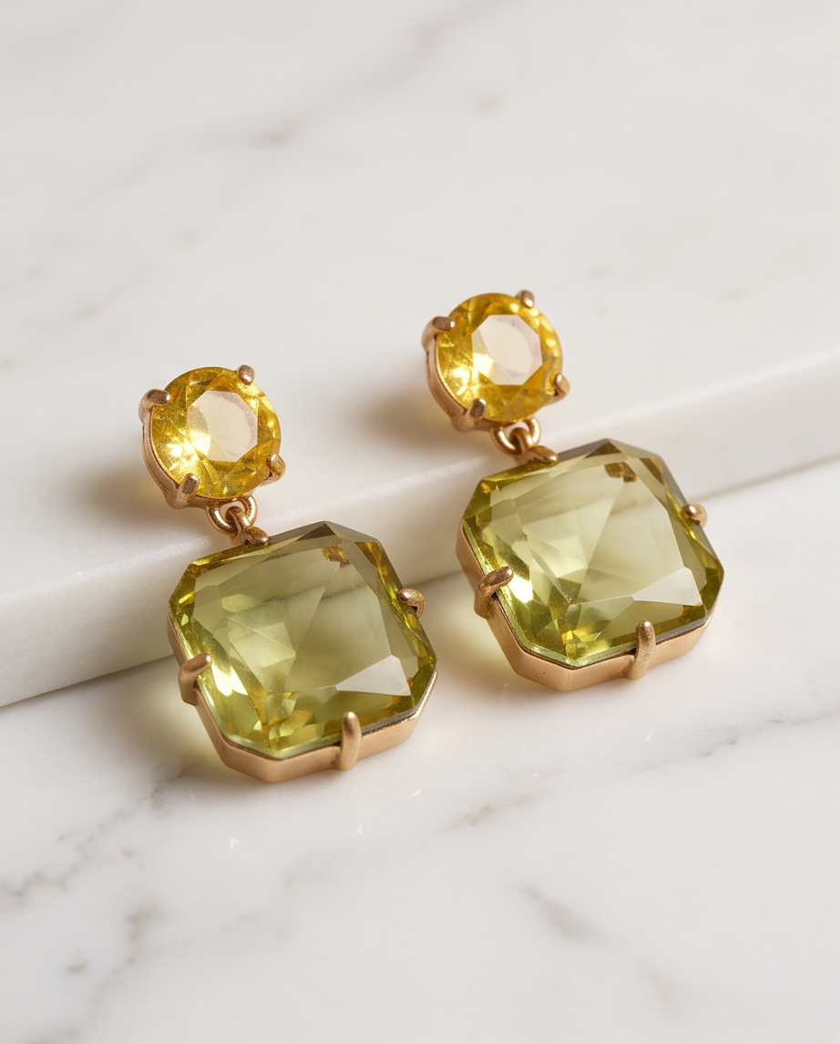 Pair of gold lemon quartz crystal double drop earrings on white marble surface