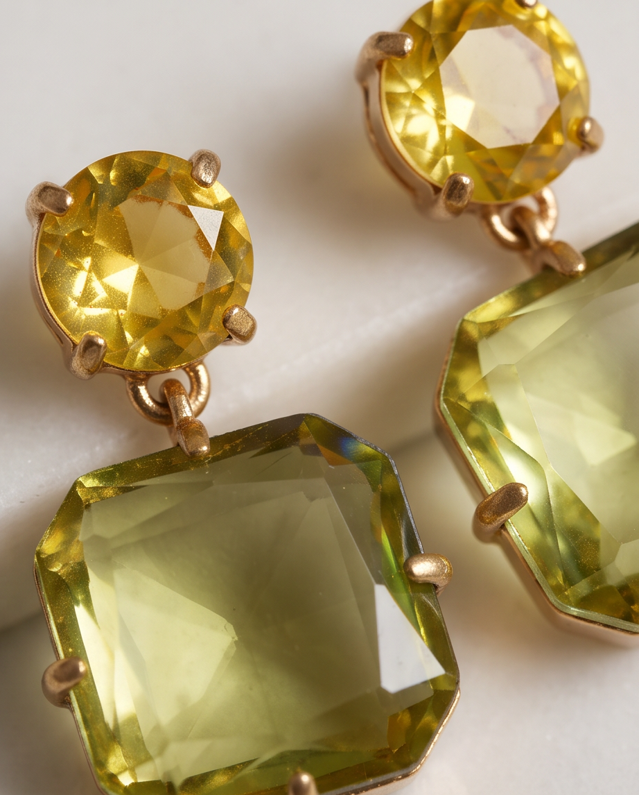 Close-up detail of faceted lemon quartz round and cushion-cut crystals in gold prong settings