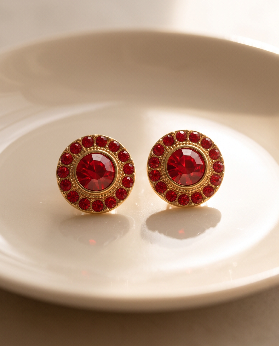 Pair of gold ruby crystal halo stud earrings displayed on white ceramic dish